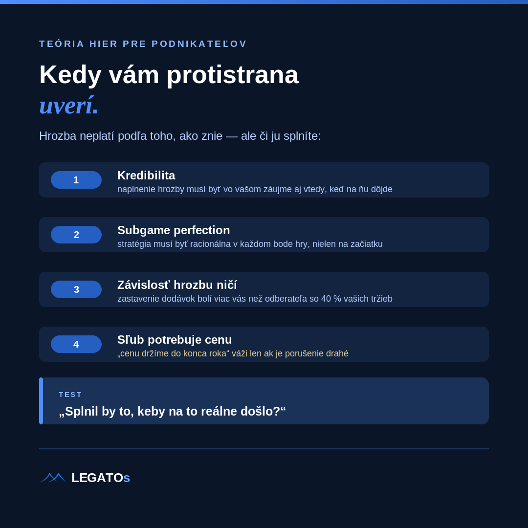 Kedy vám protistrana uverí — štyri podmienky kredibilnej hrozby, infografika LEGATOs